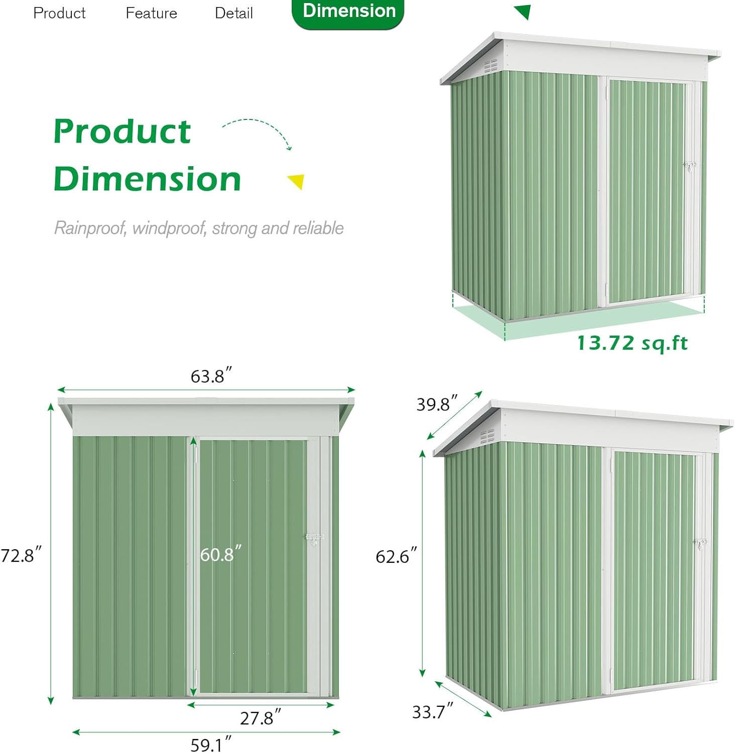 YODOLLA 5'x3' Green Metal Outdoor Storage Shed