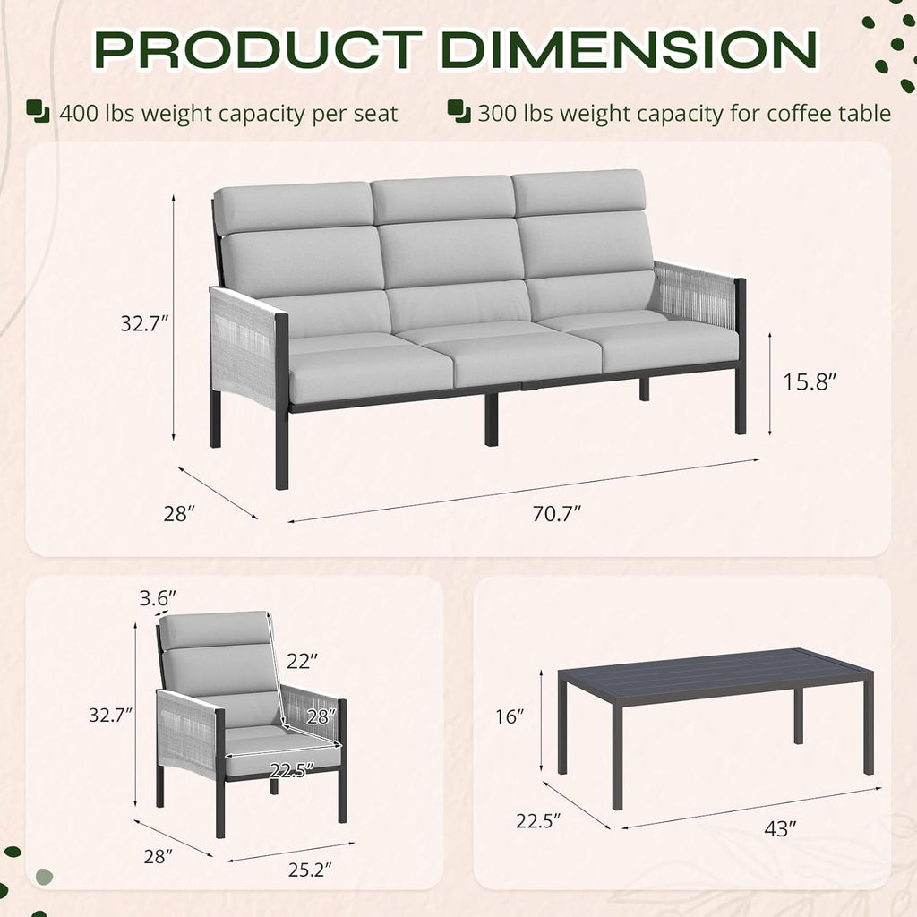 YODOLLA 4 Pieces Aluminum Patio Furniture Set with PE Rope Armrest, Light Greybest