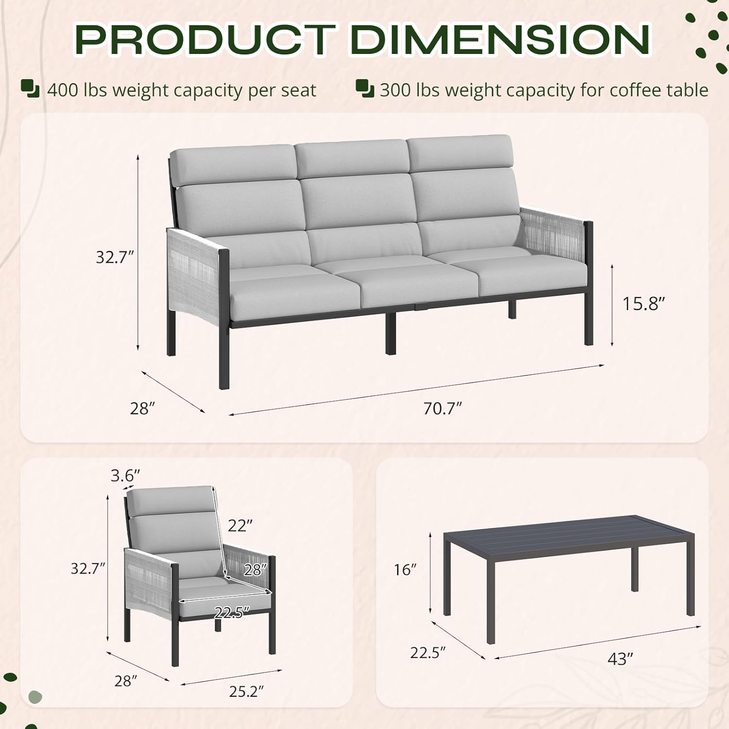 YODOLLA 4 Pieces Aluminum Patio Furniture Set with PE Rope Armrest, Light Greybest