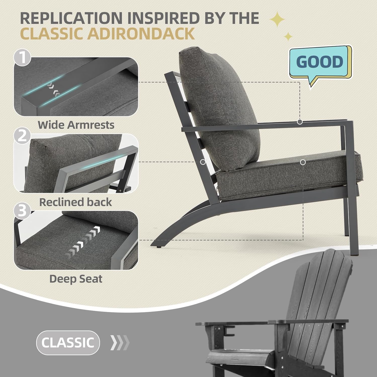 YODOLLA Aluminum Patio Furniture Set Metal Outdoor Furniture, Dark Grey