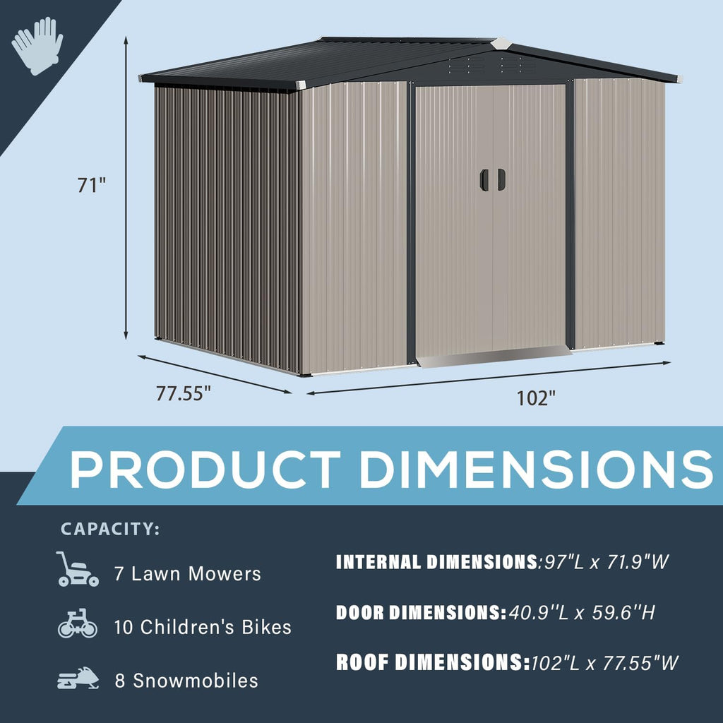 YODOLLA 8 x 6 Ft Outdoor Storage Tool Shed with Sliding Door, Grey