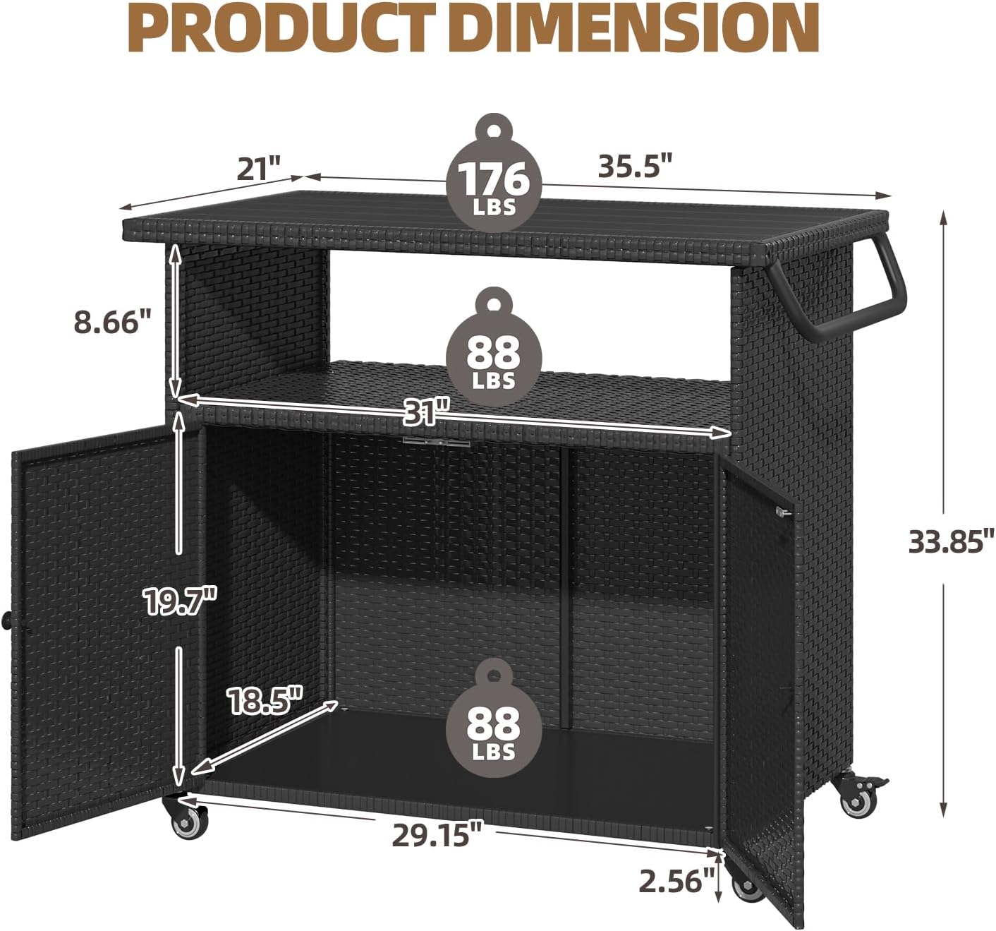 YODOLLA Outdoor Bar Cart, Patio Storage Grill Cart with Handles,Blackbest