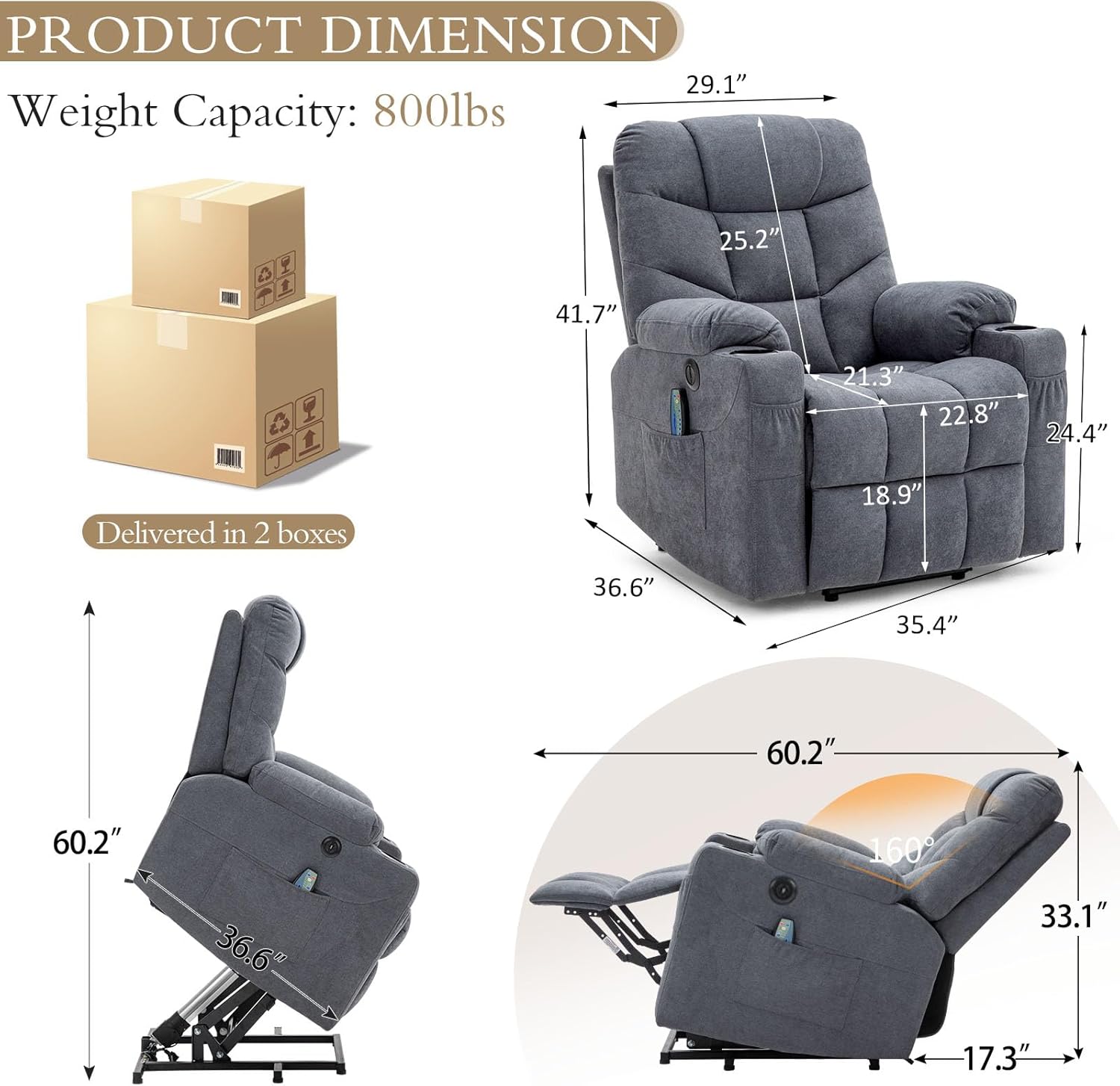 YODOLLA Massage Power Lift Recliner for Elderly, Linen Fabric, Blue Greybest