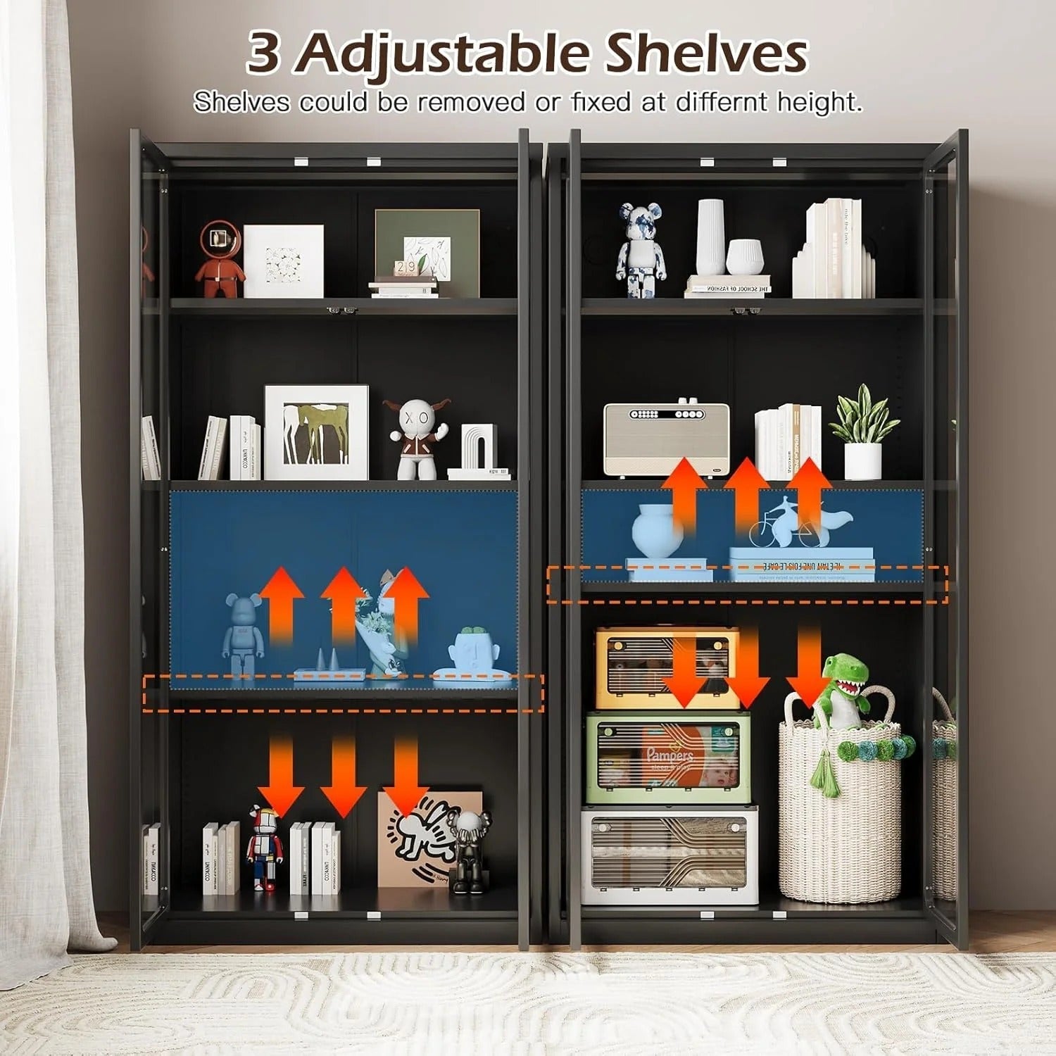 YODOLLA Display Cabinet with Acrylic Glass Doors and 3 Adjustable Shelves