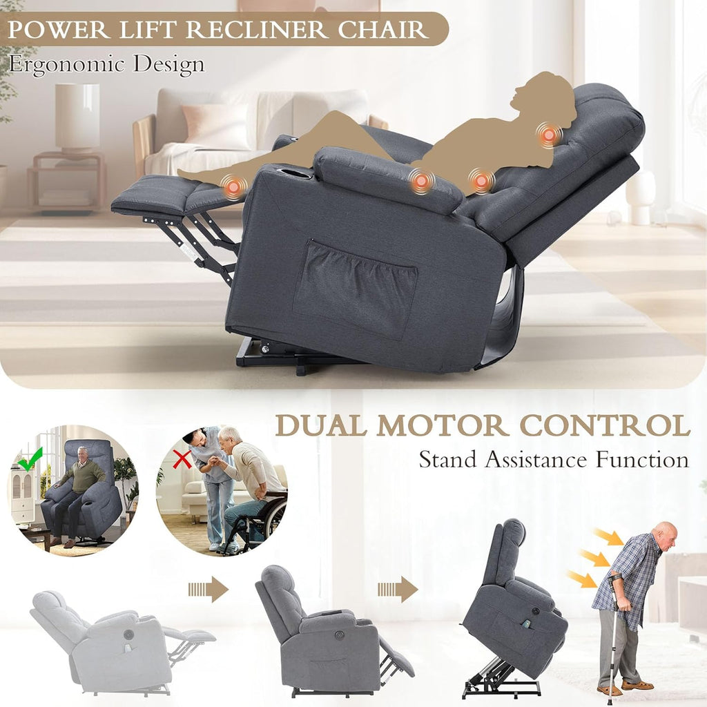 YODOLLA Massage Power Lift Recliner for Elderly, Linen Fabric, Blue Greybest