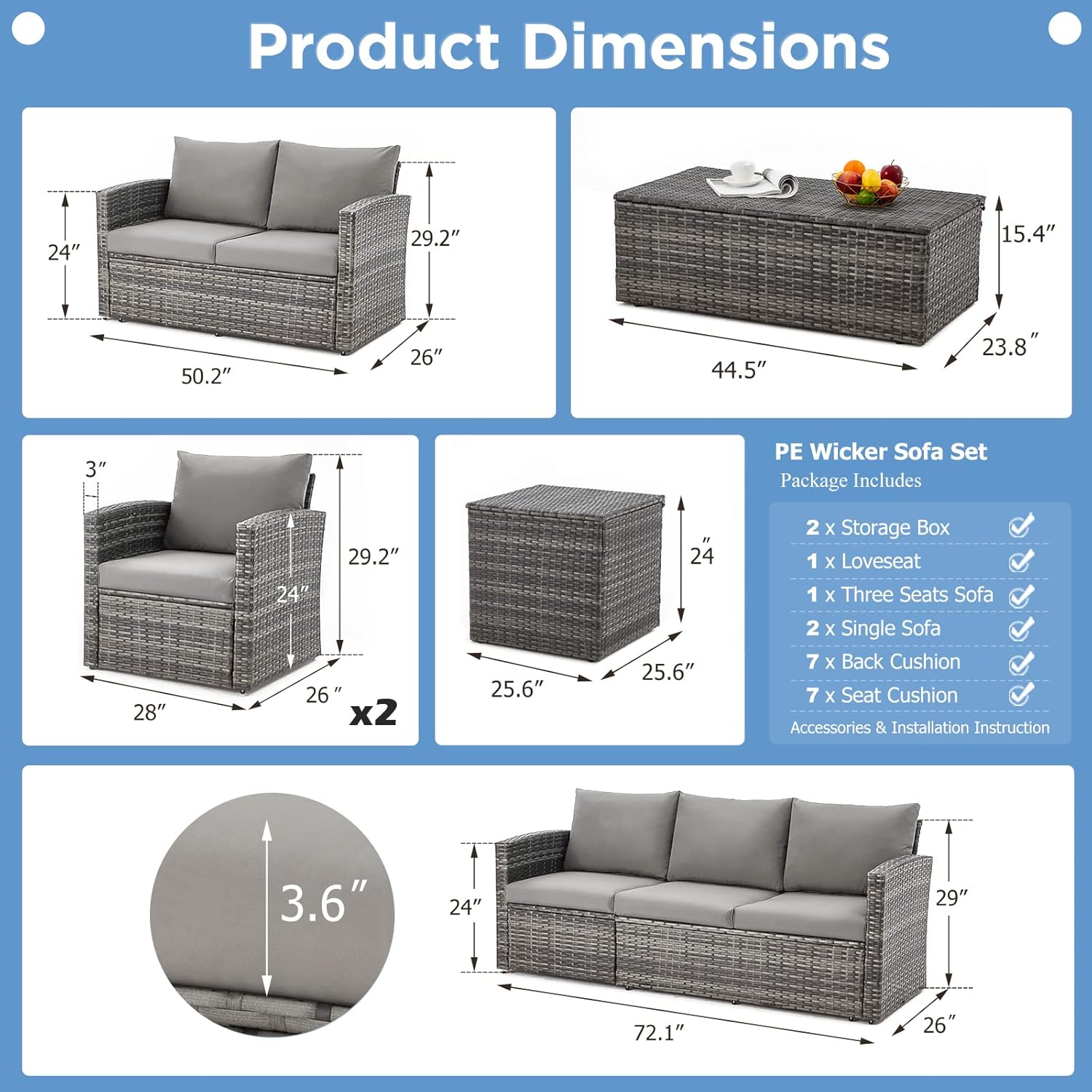 YODOLLA 7 Pieces Patio Furniture with Two Storage Boxes, Grey & Light Grey