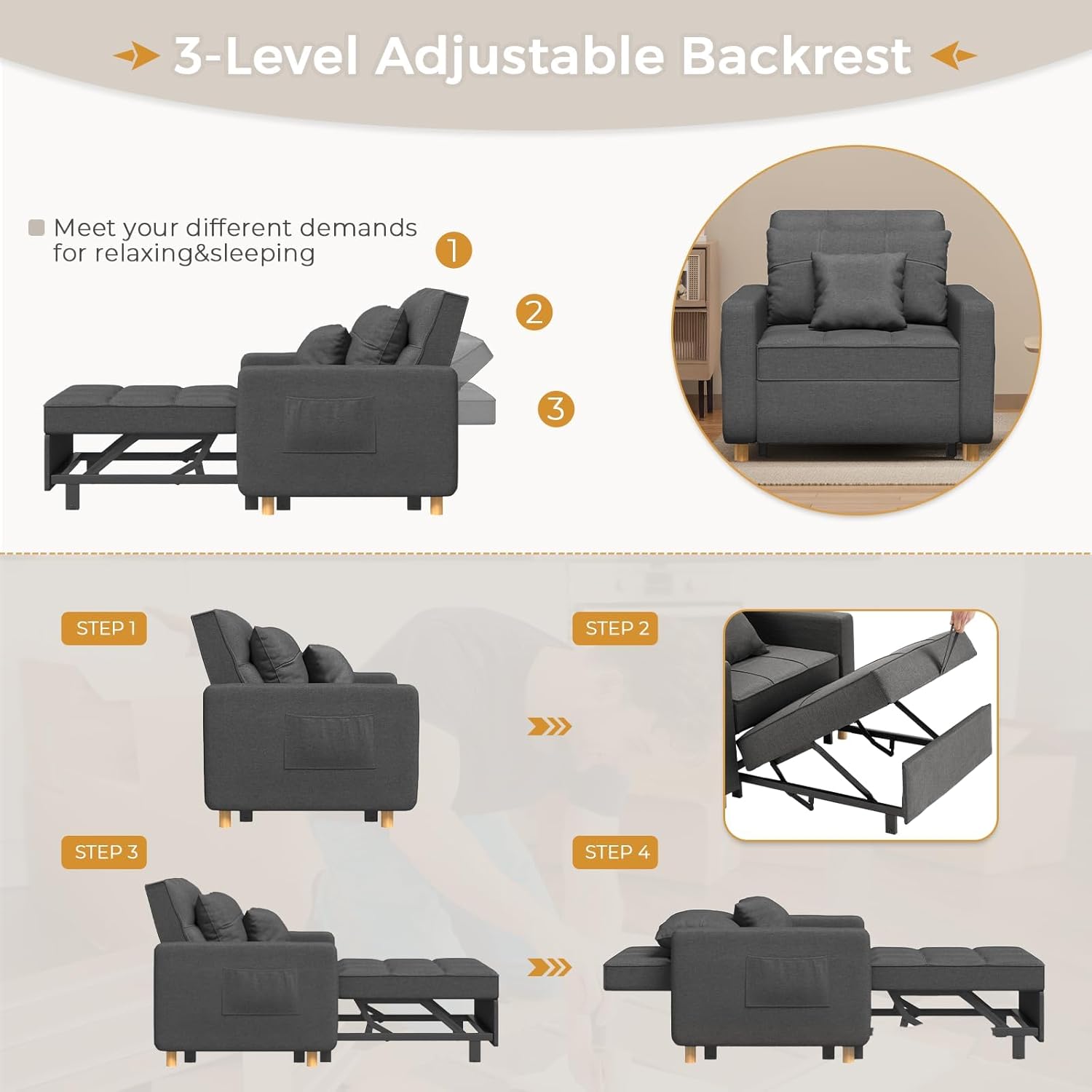 YODOLLA 36" Convertible Chair Bed, Modern Greybest