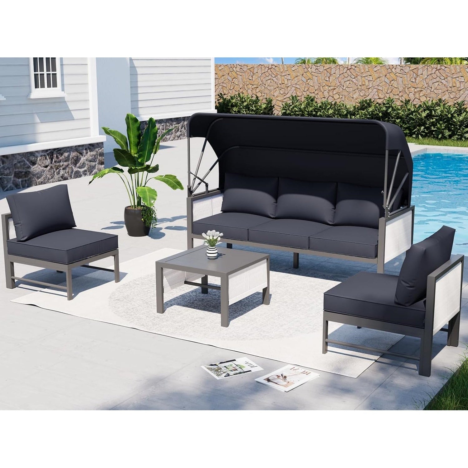 YODOLLA 4 Pieces Aluminum Patio Furniture Set, Retractable Canopy, Dark Grey