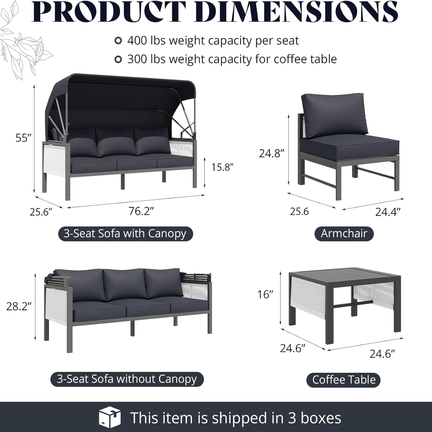 YODOLLA 4 Pieces Aluminum Patio Furniture Set, Retractable Canopy, Dark Grey