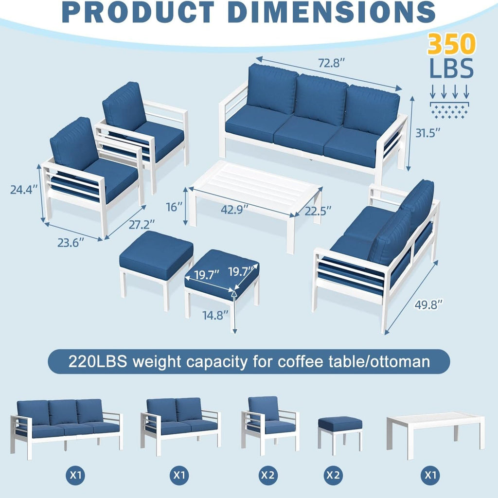 YODOLLA 7-Piece Patio Set, Aluminum, Blue Cushions