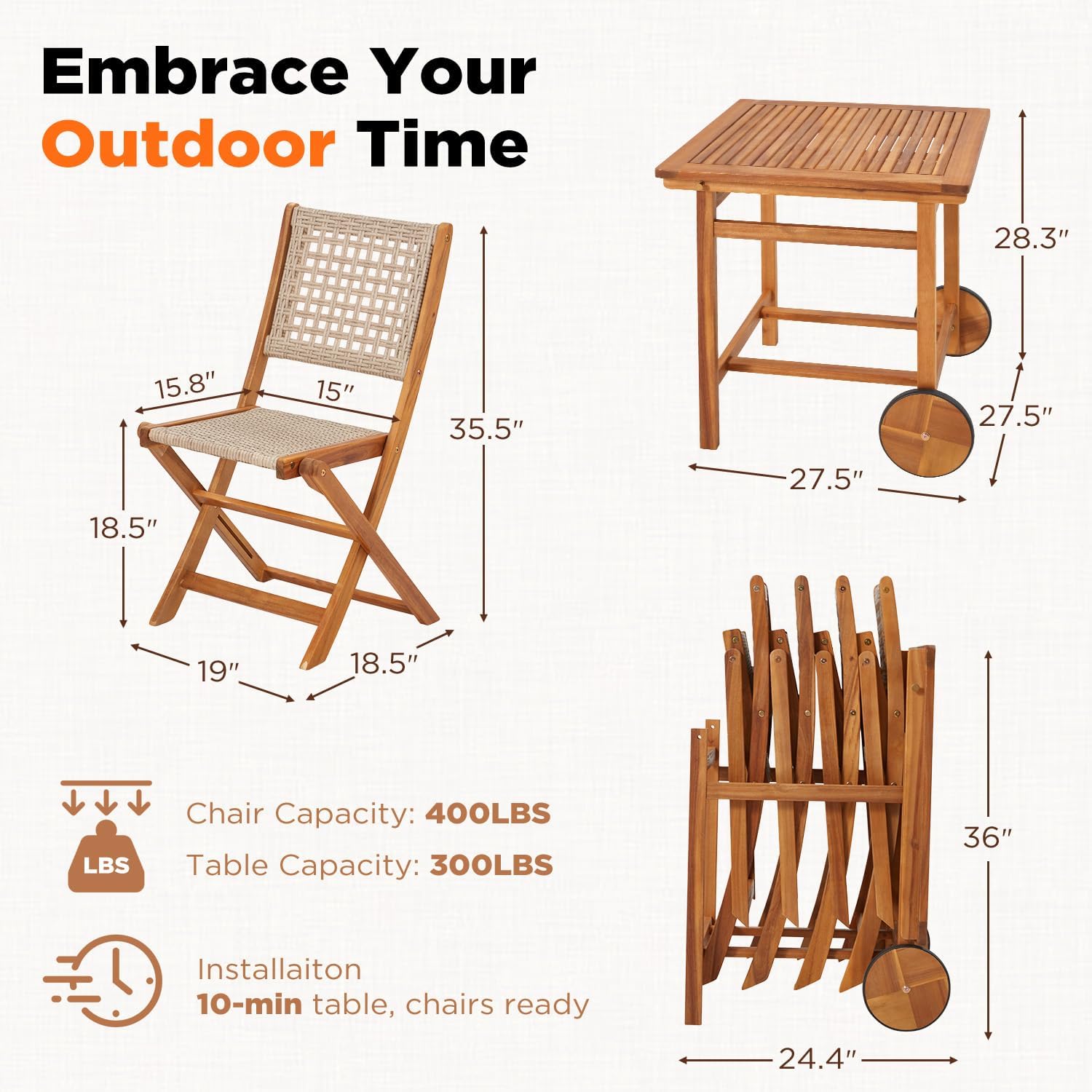 YODOLLA Outdoor Folding Chairs Set, Wooden Patio Dining Set