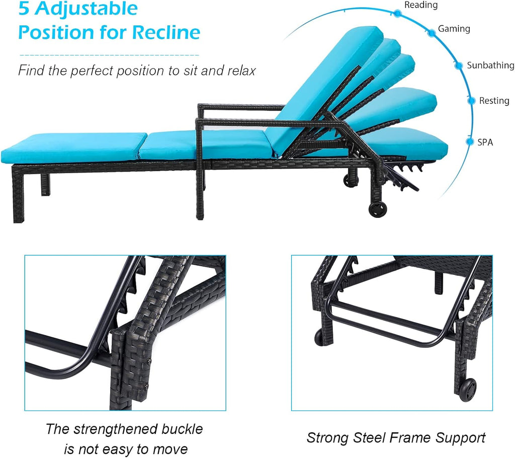 YODOLLA 2 PCS Outdoor Lounge Chairs, Black Rattan with Blue Cushion