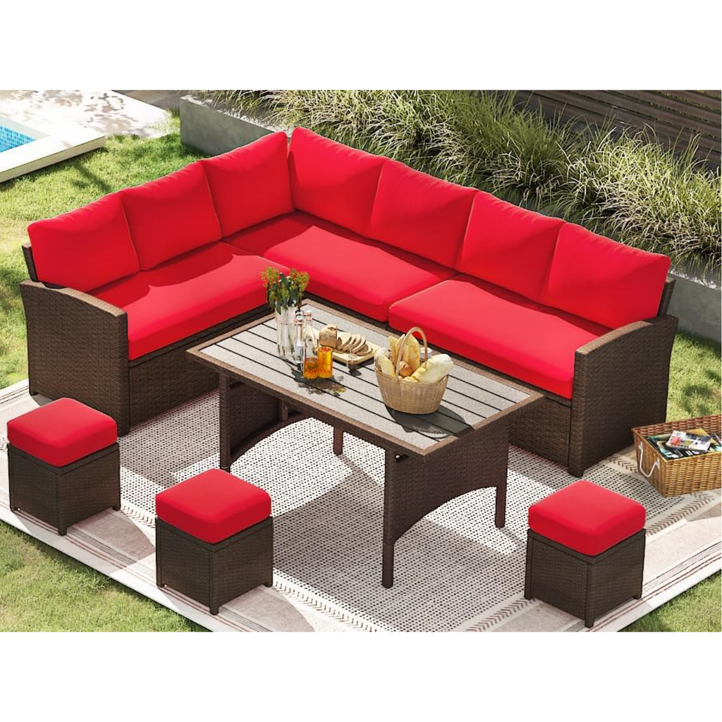 YODOLLA 7-Pc Patio Set, Brown Rattan & Red Cushion