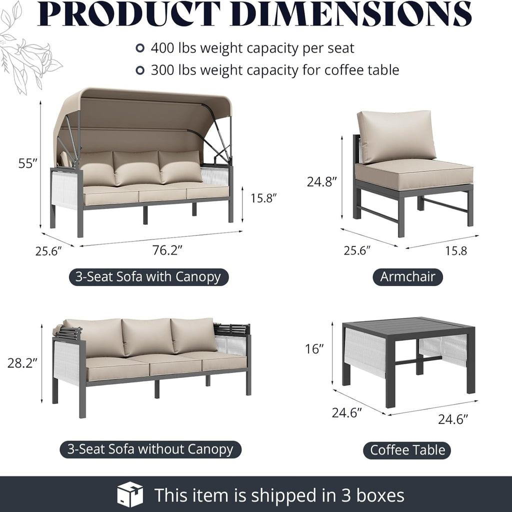 YODOLLA 4 Pieces Aluminum Patio Furniture Set, Retractable Canopy, Beige