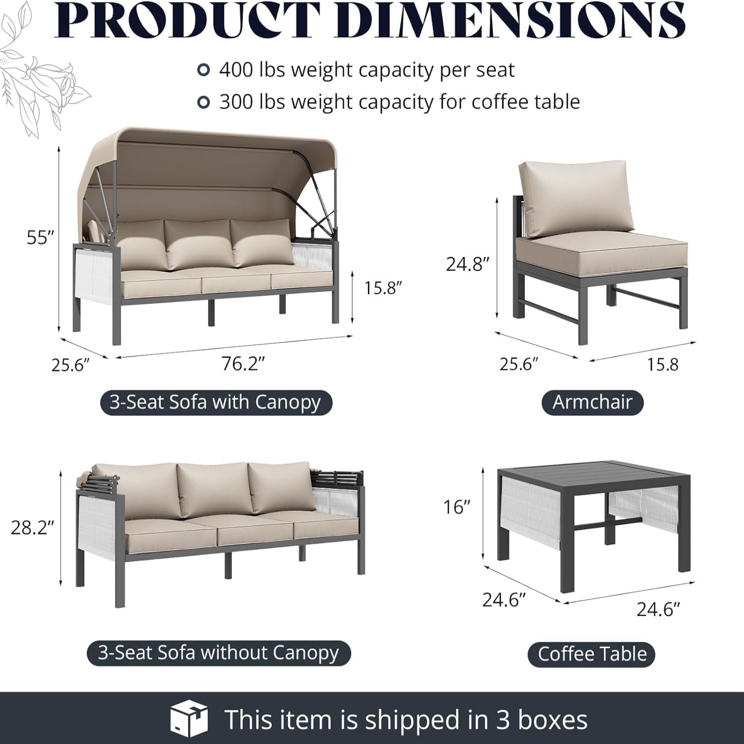 YODOLLA 4 Pieces Aluminum Patio Furniture Set, Retractable Canopy, Beige