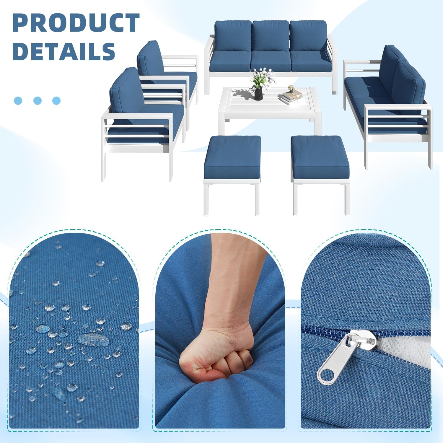 YODOLLA 7-Piece Patio Set, Aluminum, Blue Cushions