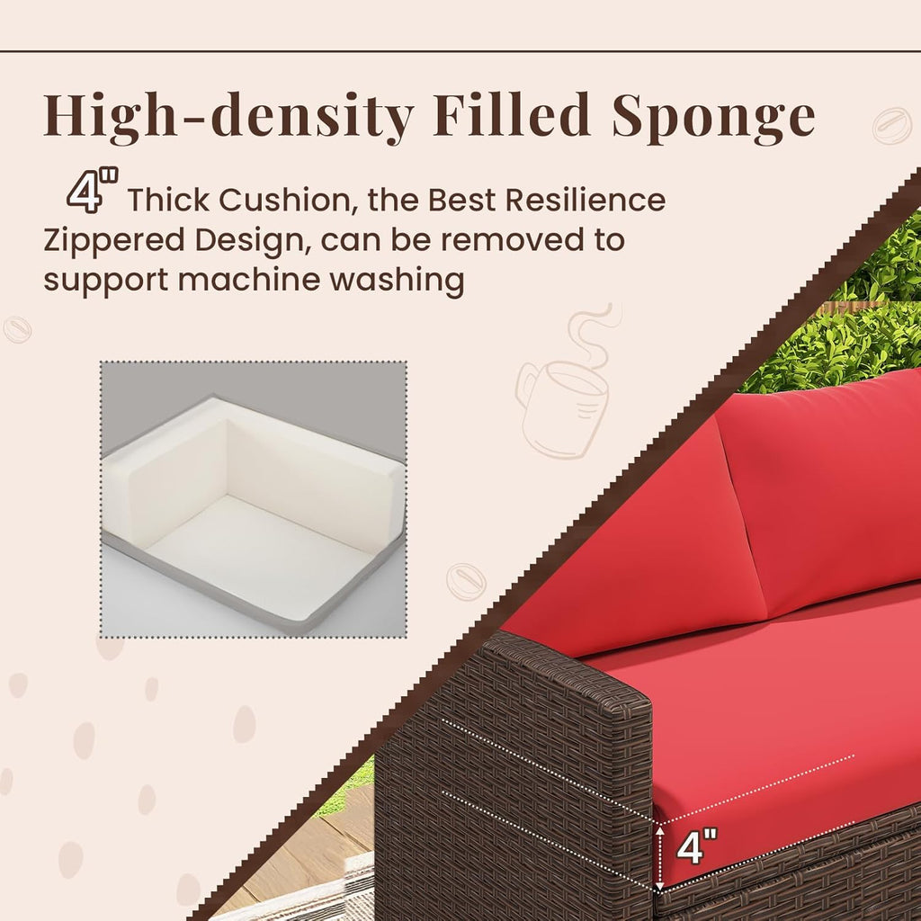 YODOLLA 7-Pc Patio Set, Brown Rattan & Red Cushion