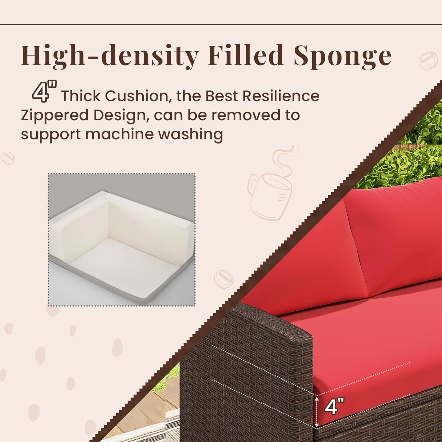 YODOLLA 7-Pc Patio Set, Brown Rattan & Red Cushion