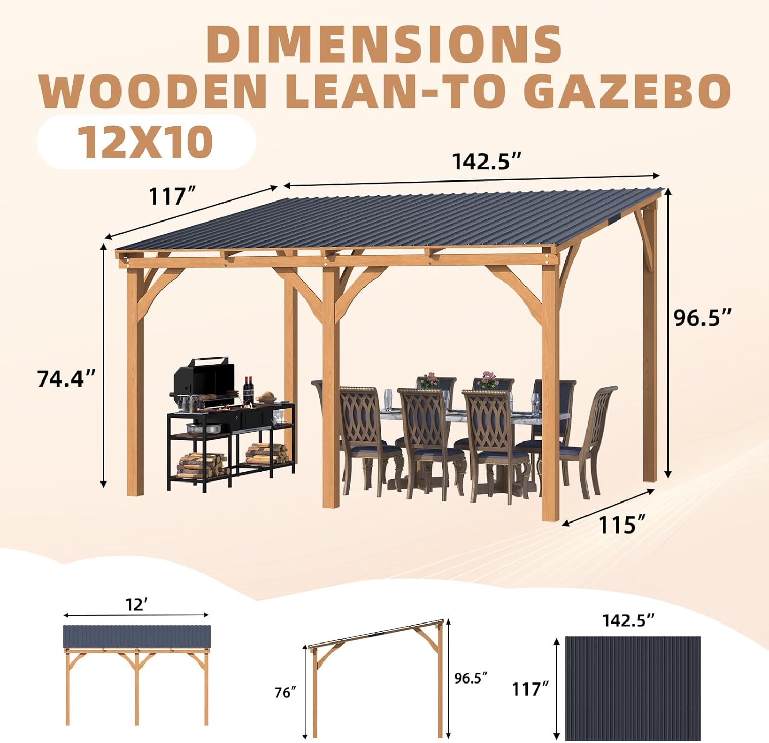 YODOLLA Outdoor Wooden Gazebo, Patio Lean to Hardtop Pergolas and Gazebos
