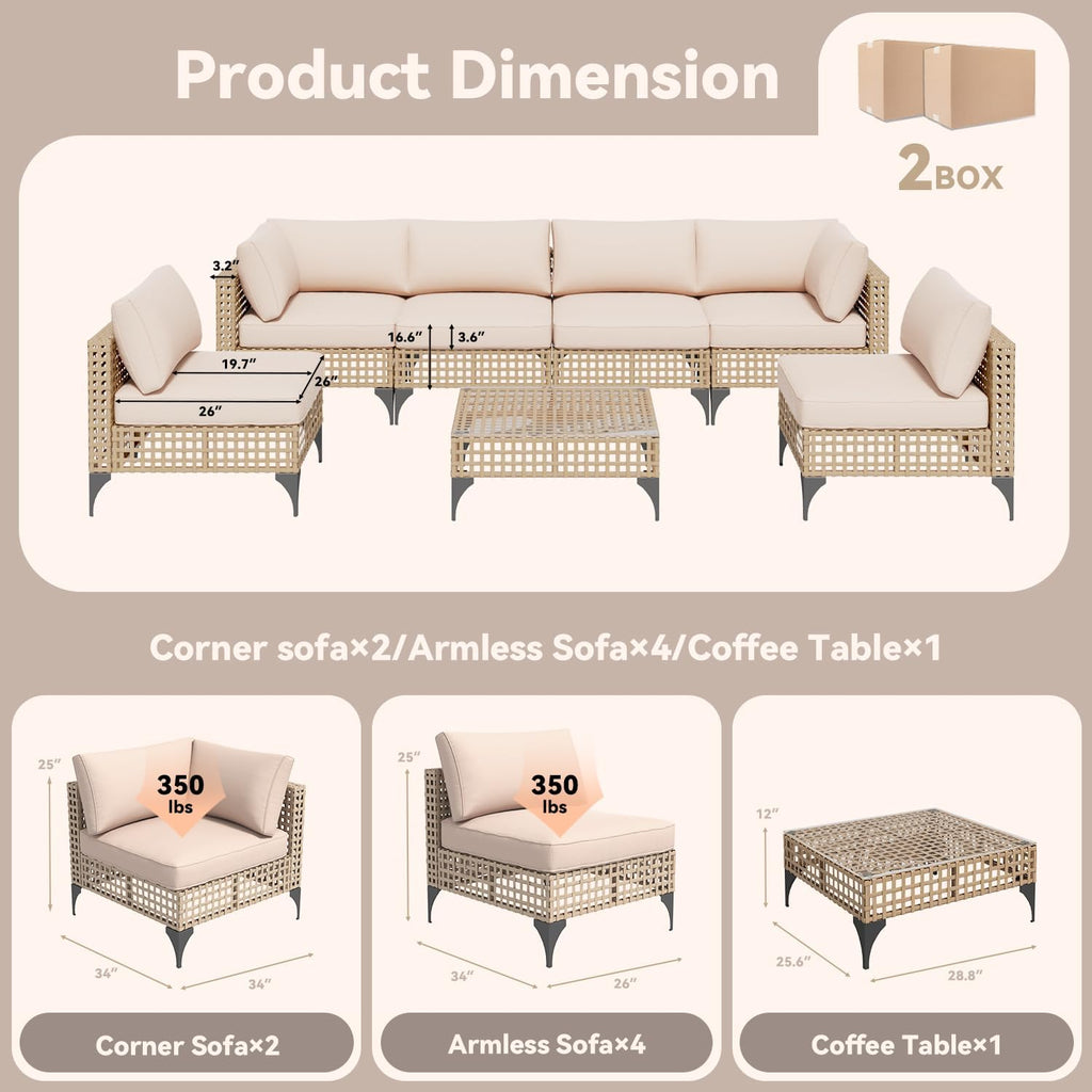 YODOLLA 7-Piece Outdoor Sofa Set, Beige Rattan & Cushions