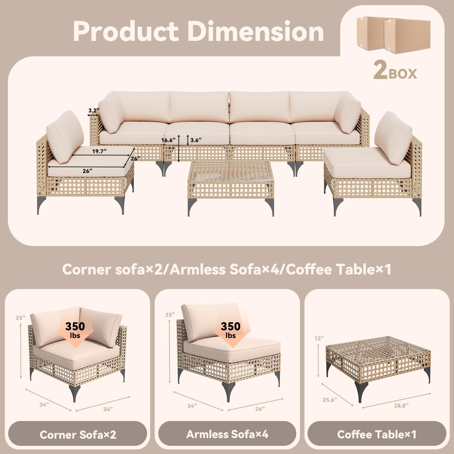 YODOLLA 7-Piece Outdoor Sofa Set, Beige Rattan & Cushions