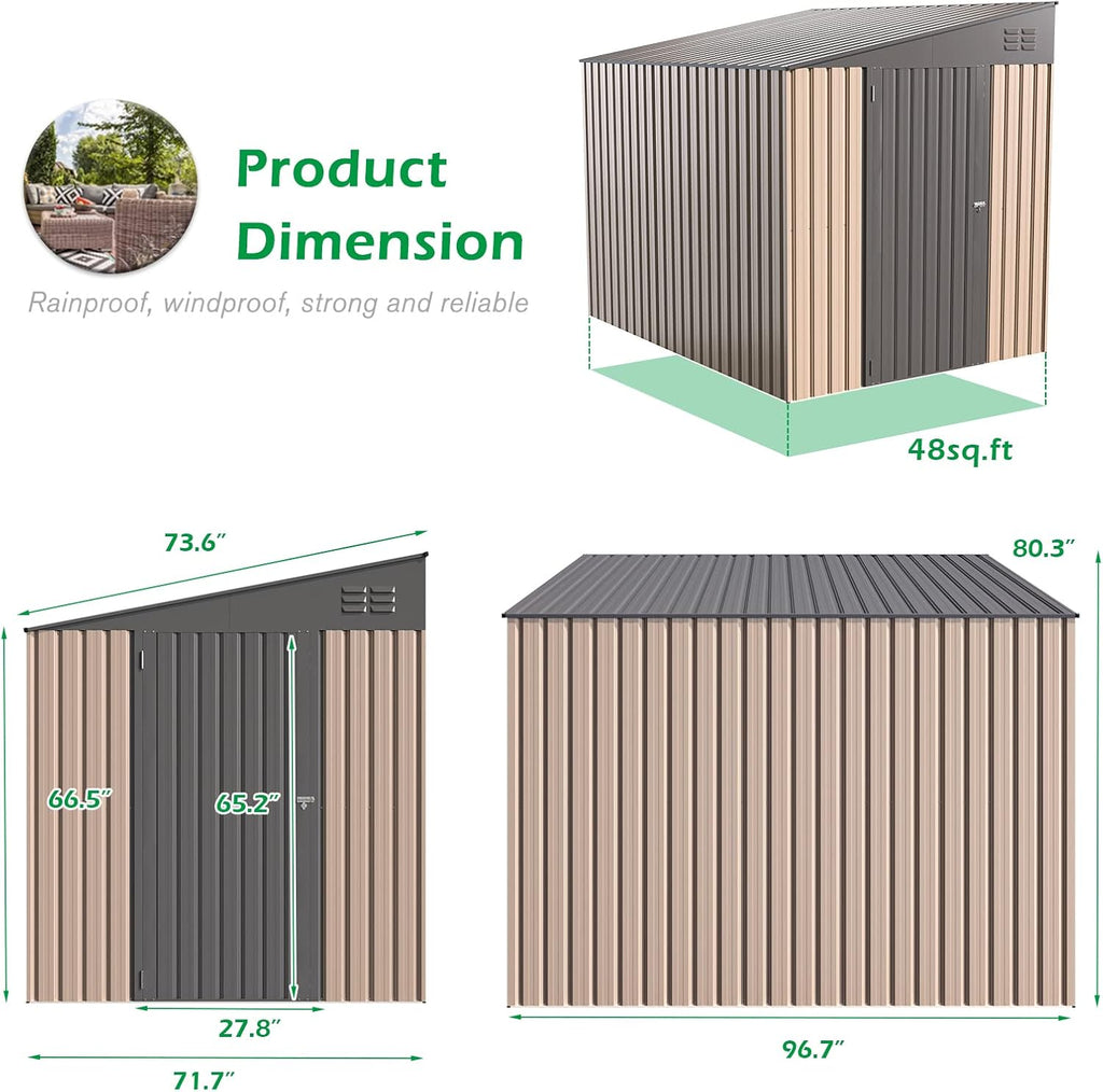 YODOLLA Outdoor 6' x 8' Metal Wall Side Lean to Storage Shed, Gray