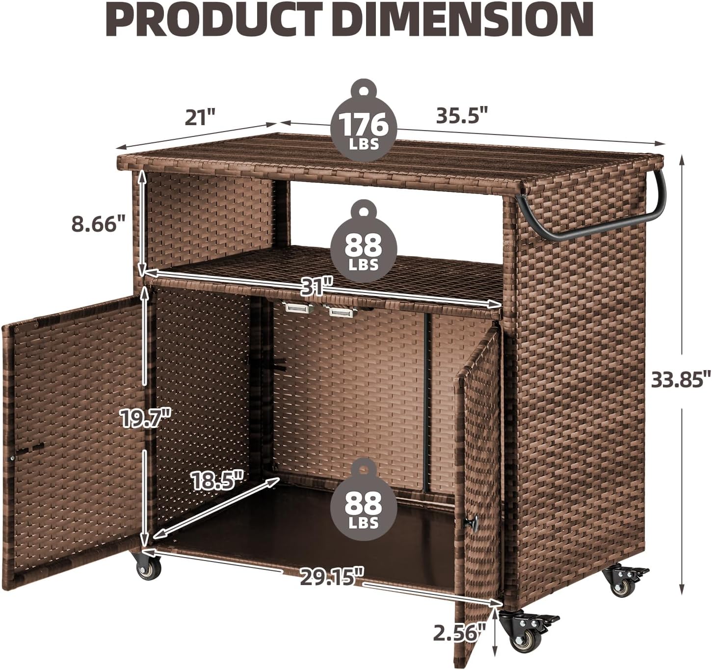 YODOLLA Outdoor Bar Cart, Patio Storage Grill Cart with Handles,Brownbest