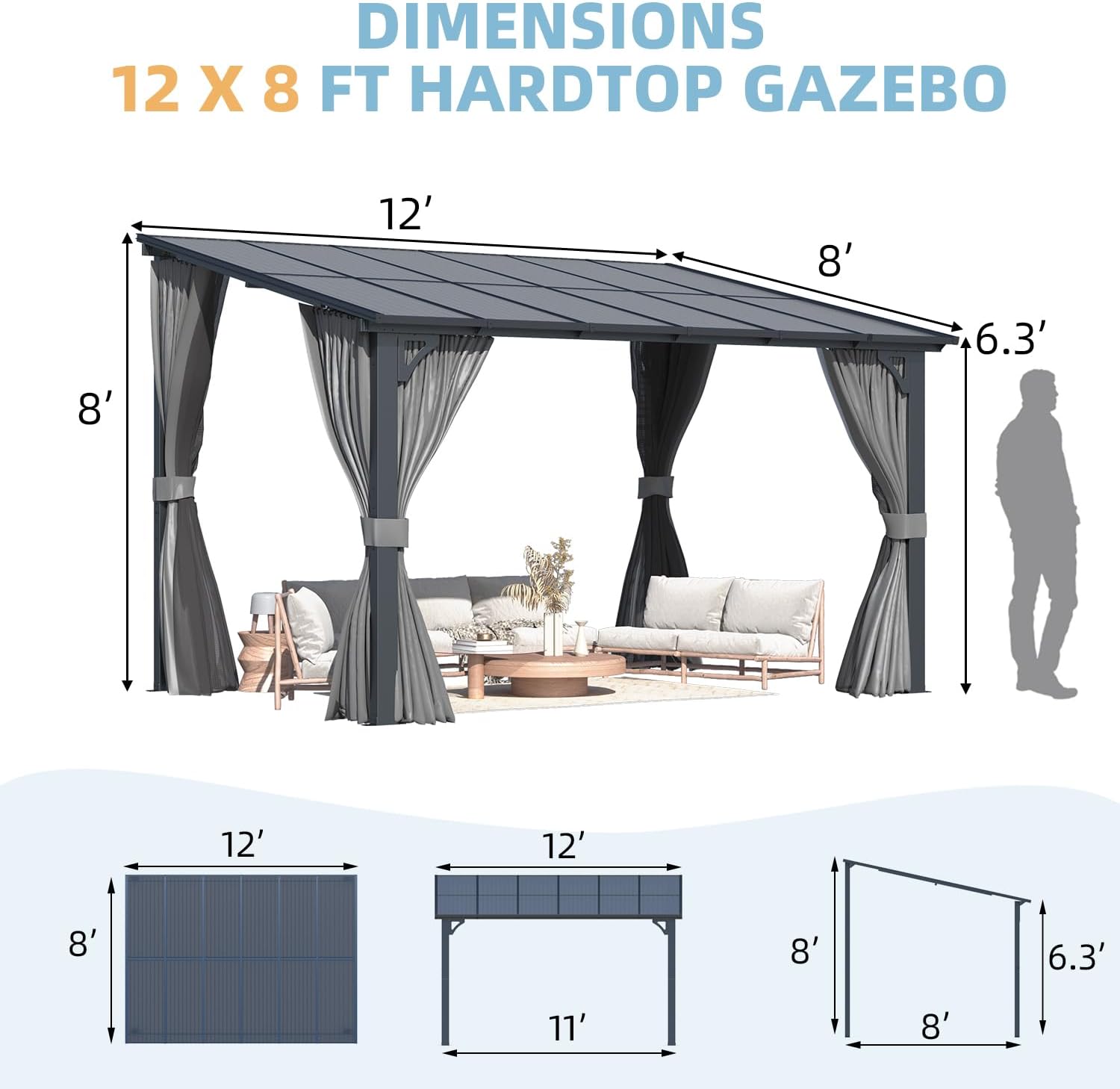 YODOLLA 12' x 8' Gazebo Outdoor Pergola Gazebo with Curtains and Nettingbest
