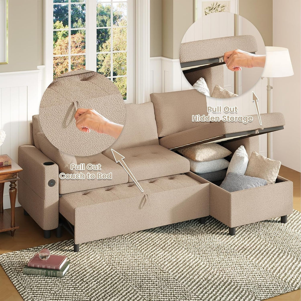YODOLLA Teddy Velvet L-Shaped Sleeper Sofa, Pullout Bed, USB & Storage, Brownbest
