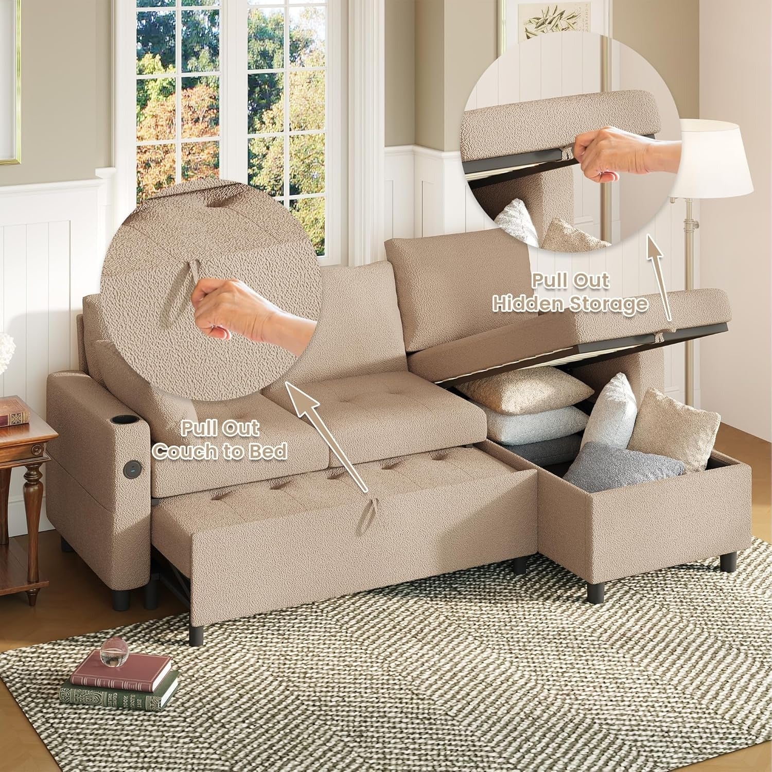 YODOLLA Teddy Velvet L-Shaped Sleeper Sofa, Pullout Bed, USB & Storage, Brownbest