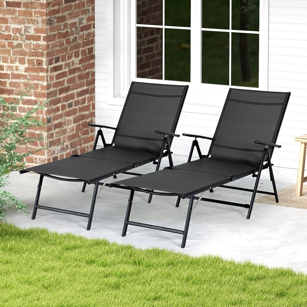 YODOLLA 7 Back & 2 Leg Adjustable Outdoor Chaise Lounge Chair Set of 2, Black