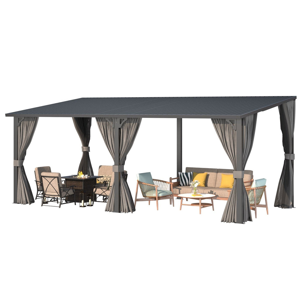 YODOLLA 20'x10' Outdoor Hardtop Metal Gazebo with Curtains and Netting for Patio