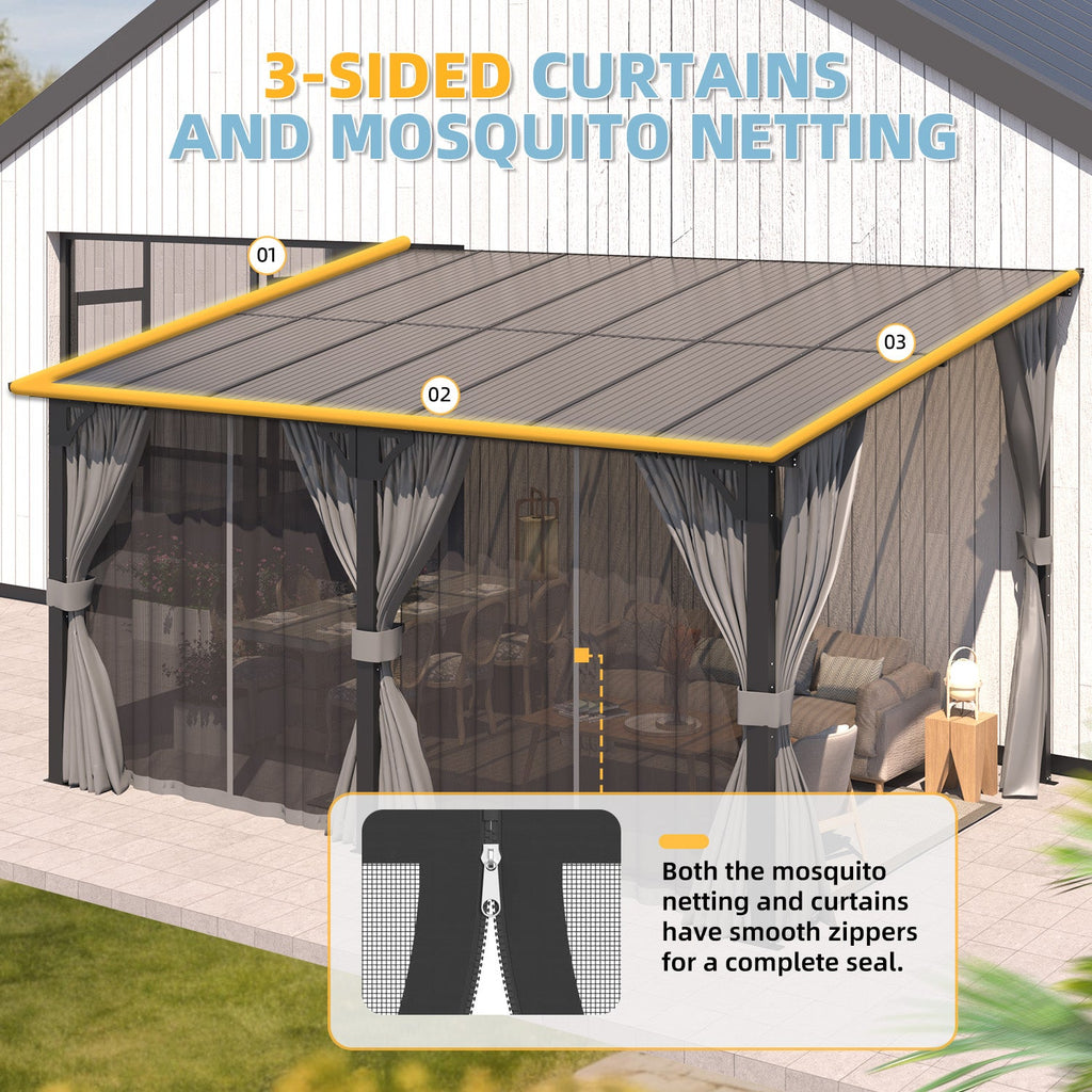 YODOLLA 14’ x 10’ Wall-Mounted Lean to Pergola Gazebo with Curtains and Netting