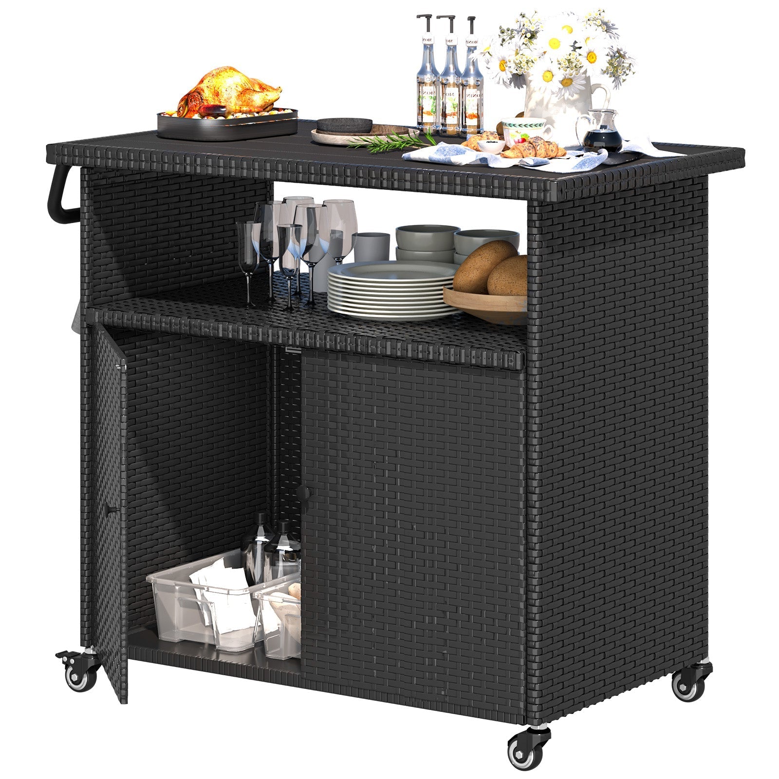 YODOLLA Outdoor Bar Cart, Patio Storage Grill Cart with Handles,Blackbest