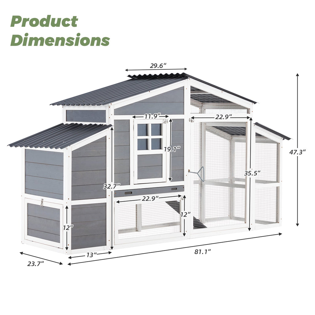 YODOLLA 81” Large Chicken Coop Wooden Hen House Poultry Cage, Grey & White