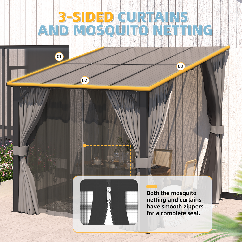 YODOLLA 8' X 8' Wall-Mounted Lean to Pergola Gazebo with Curtains and Netting