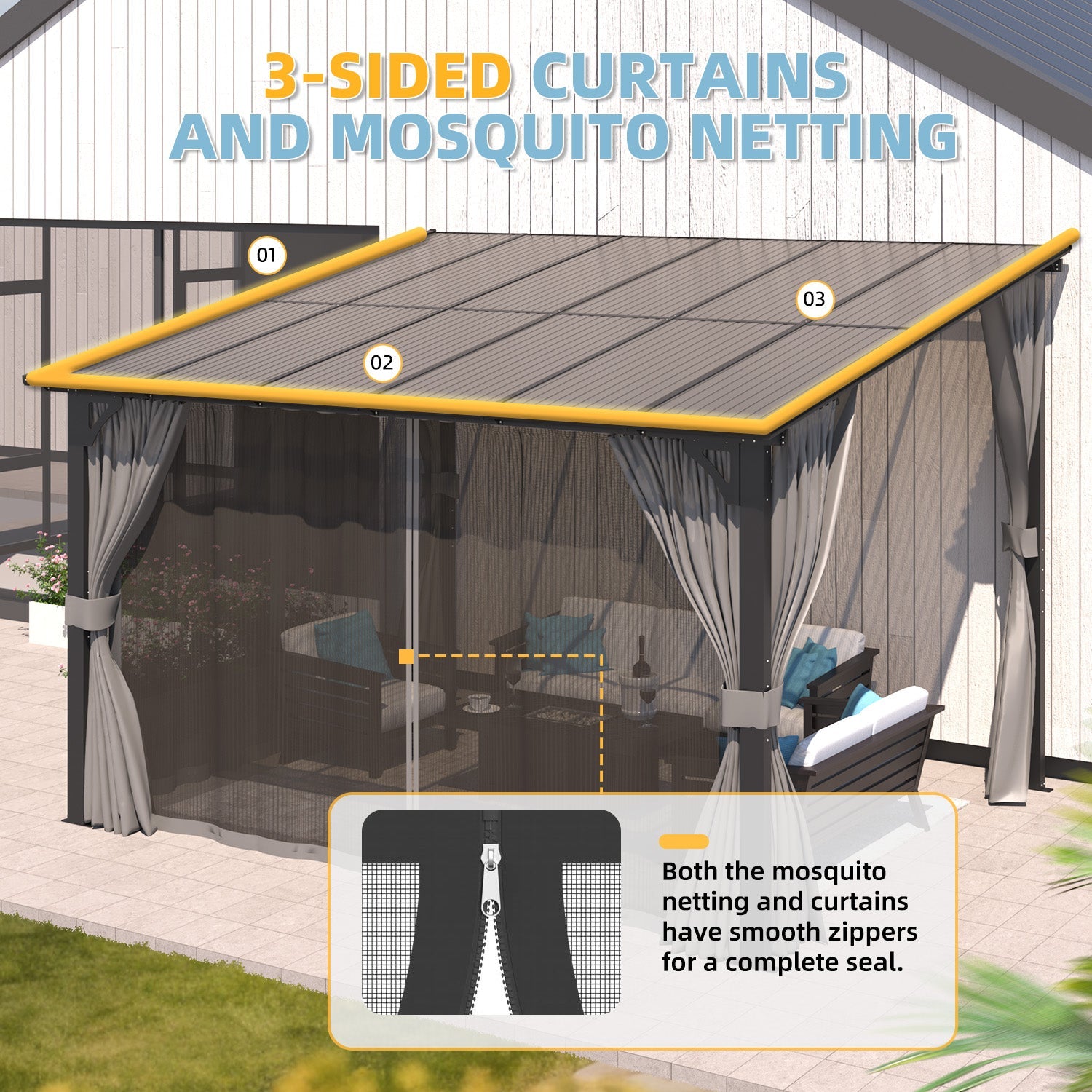 YODOLLA 12’ x 10’ Wall-Mounted Lean to Pergola Gazebo with Curtains and Netting