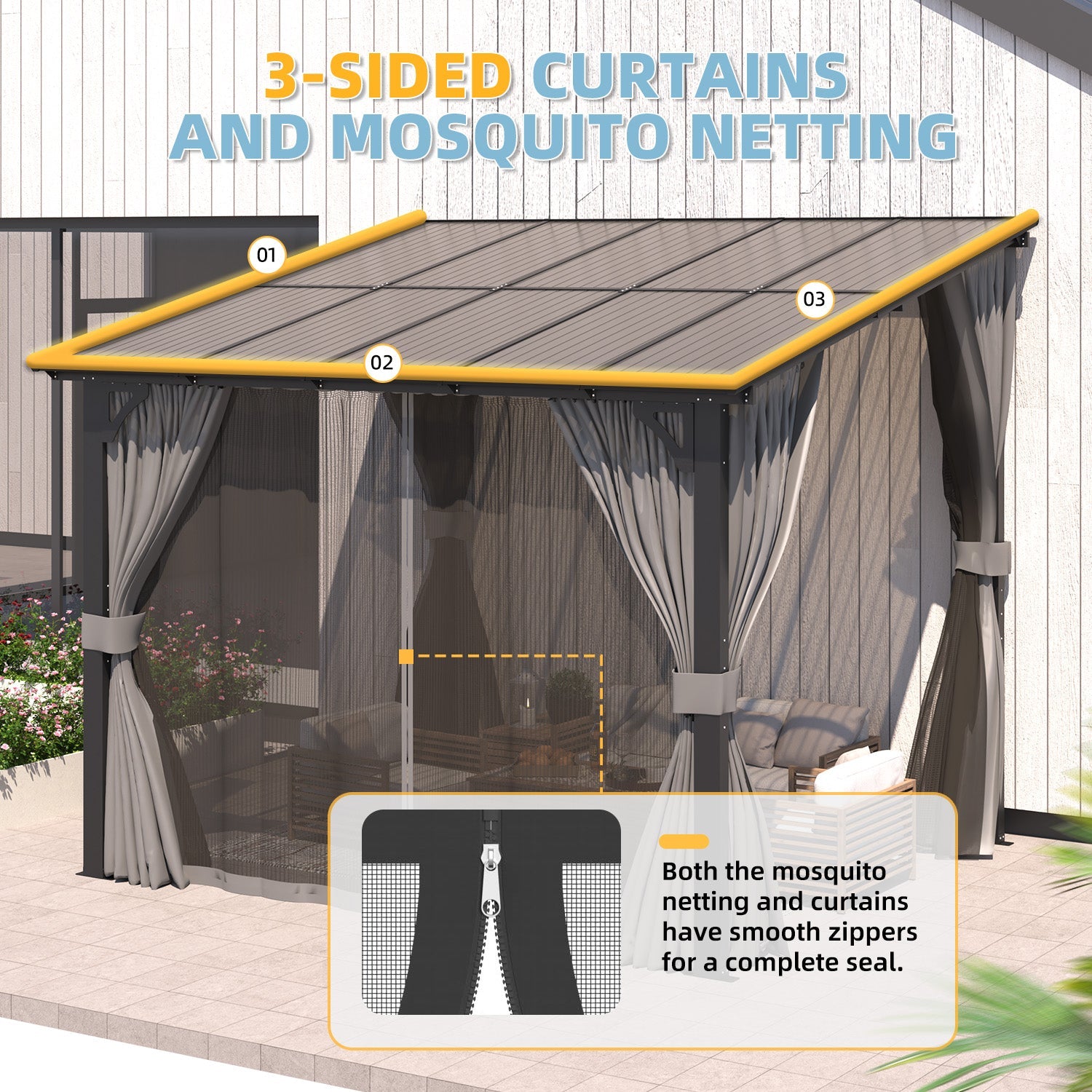 YODOLLA 10' X 8' Small Wall-Mounted Lean to Pergola Gazebo with Curtains and Netting