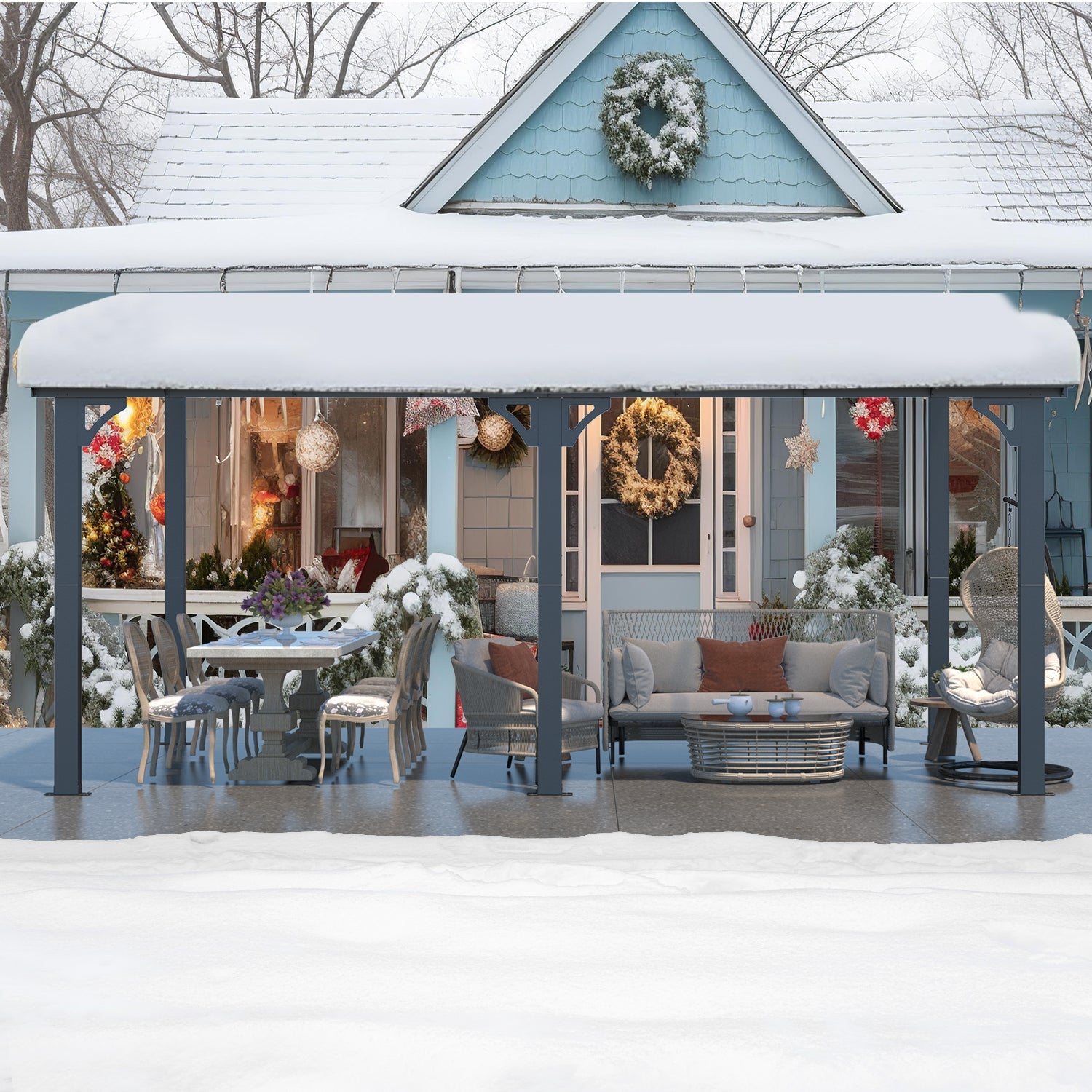 YODOLLA 16' x 8' Hard Top Lean to Gazebo Outdoor Pergola, Dark Gray