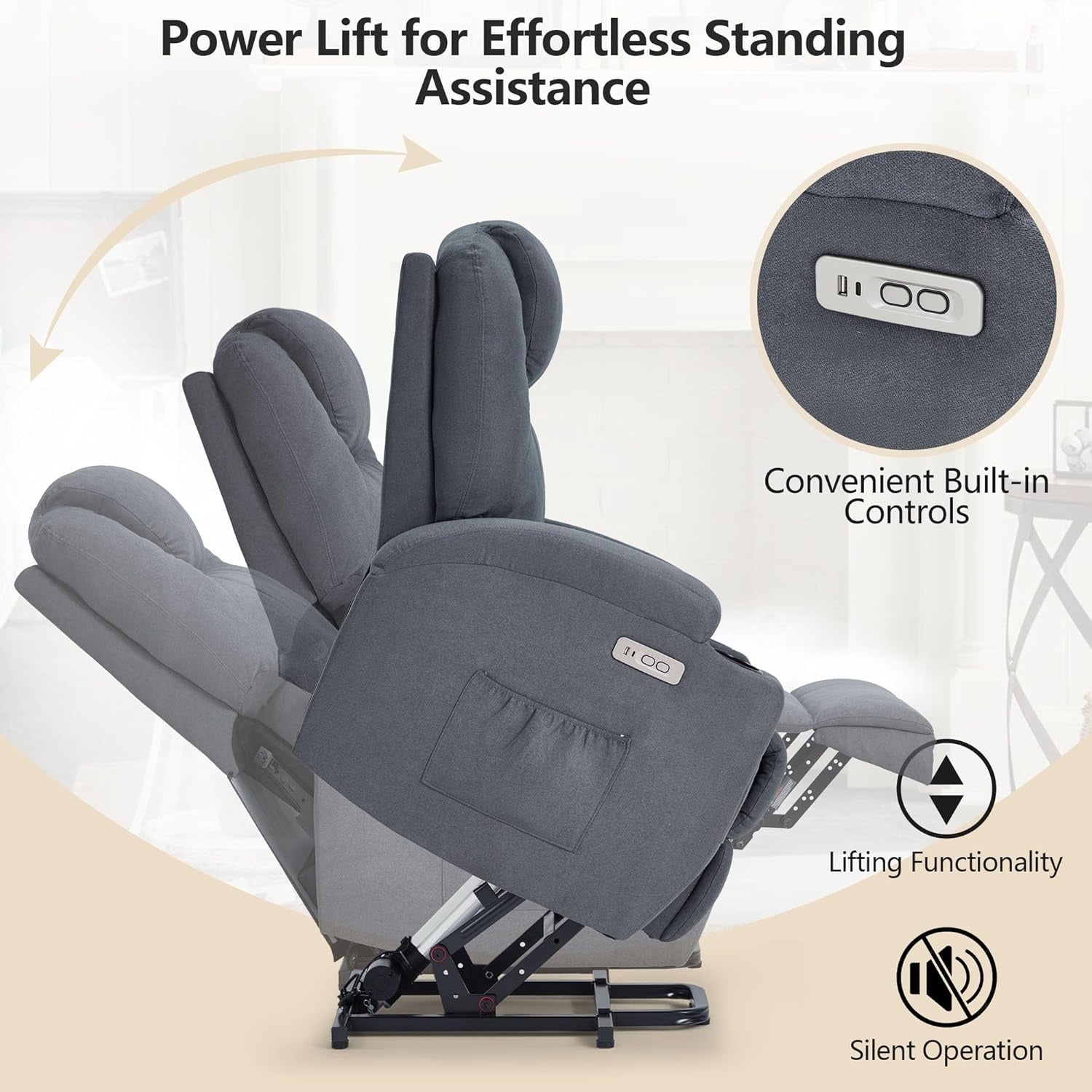 YODOLLA Power Lift Recliner Chair for Elderly with Side Pockets, Fabric, Blue