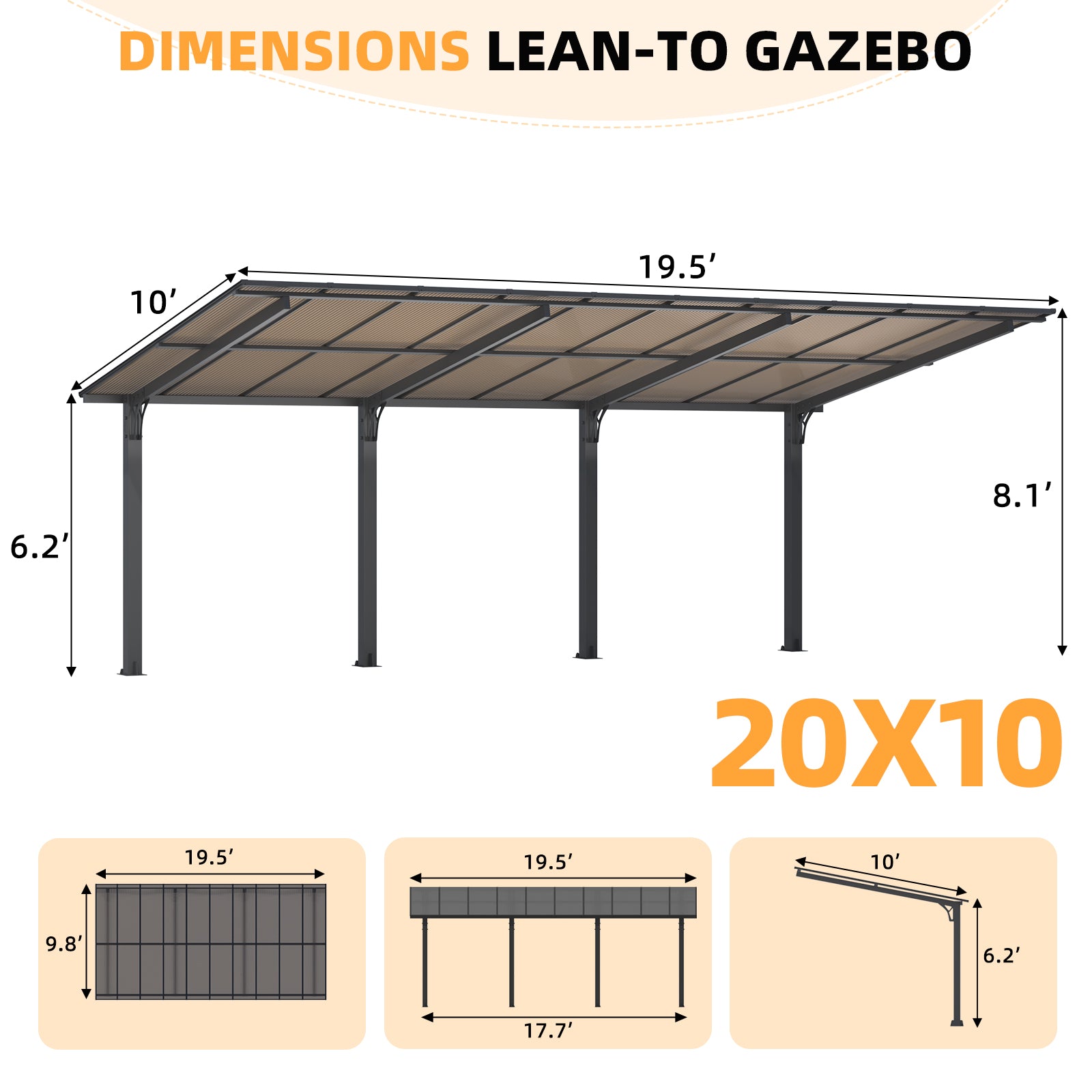 YODOLLA 20' x 10' Outdoor Gazebo for Patio, Large 10x20 Pergola Carport, Freestanding Lean to Hard Top Gazebo Shelter Pergolas and Gazebos Clearance with Roof
