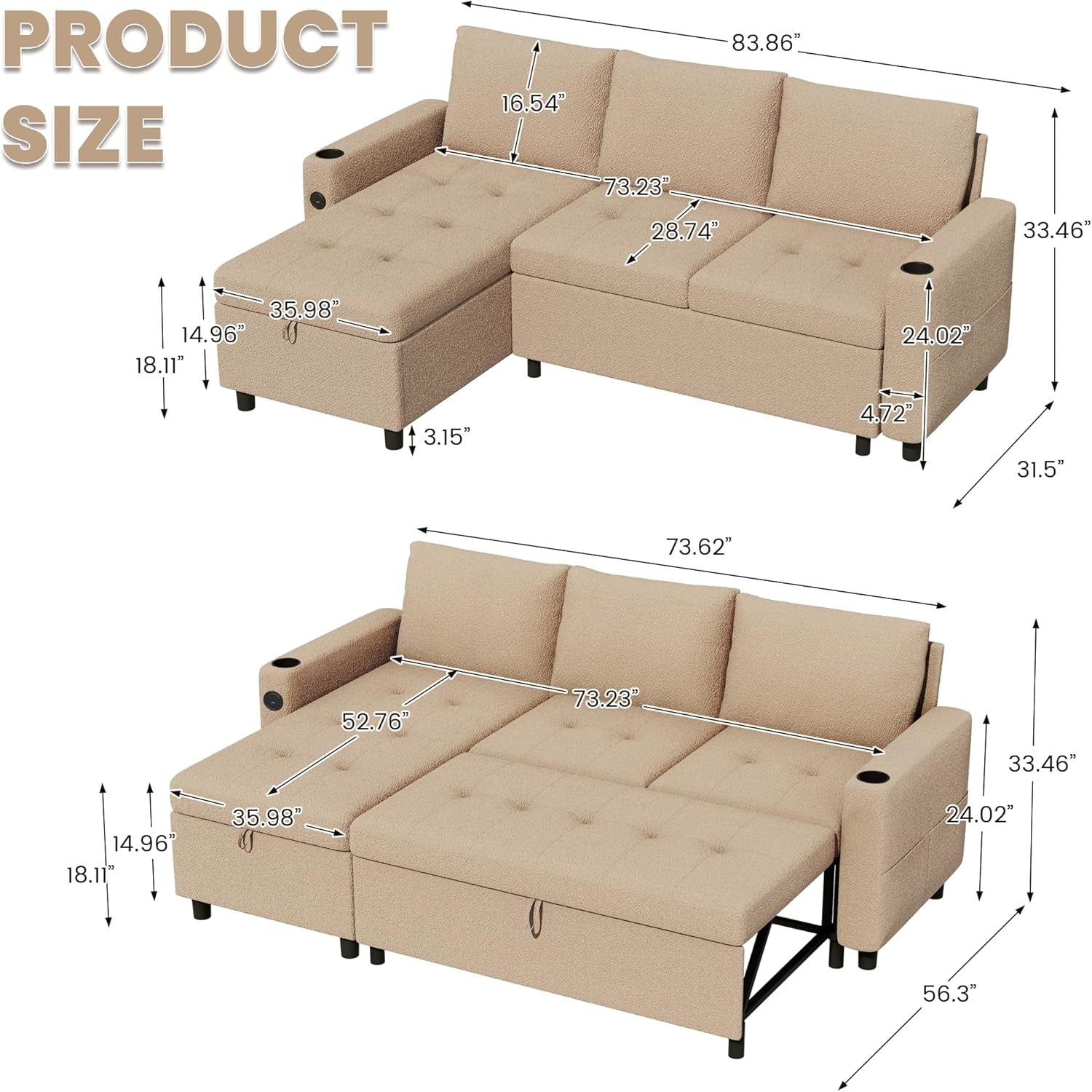 YODOLLA Teddy Velvet L-Shaped Sleeper Sofa, Pullout Bed, USB & Storage, Brownbest