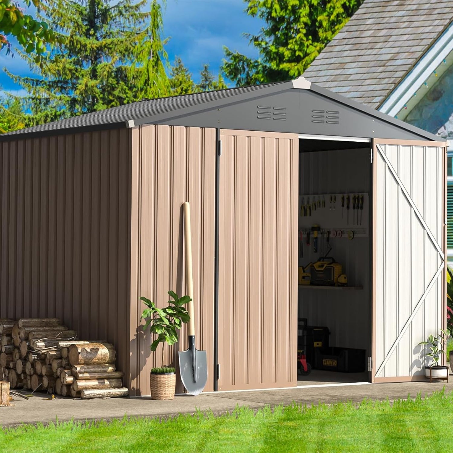 YODOLLA Shed 8' x 6' Metal Storage Shed for Ourdoor, Grey