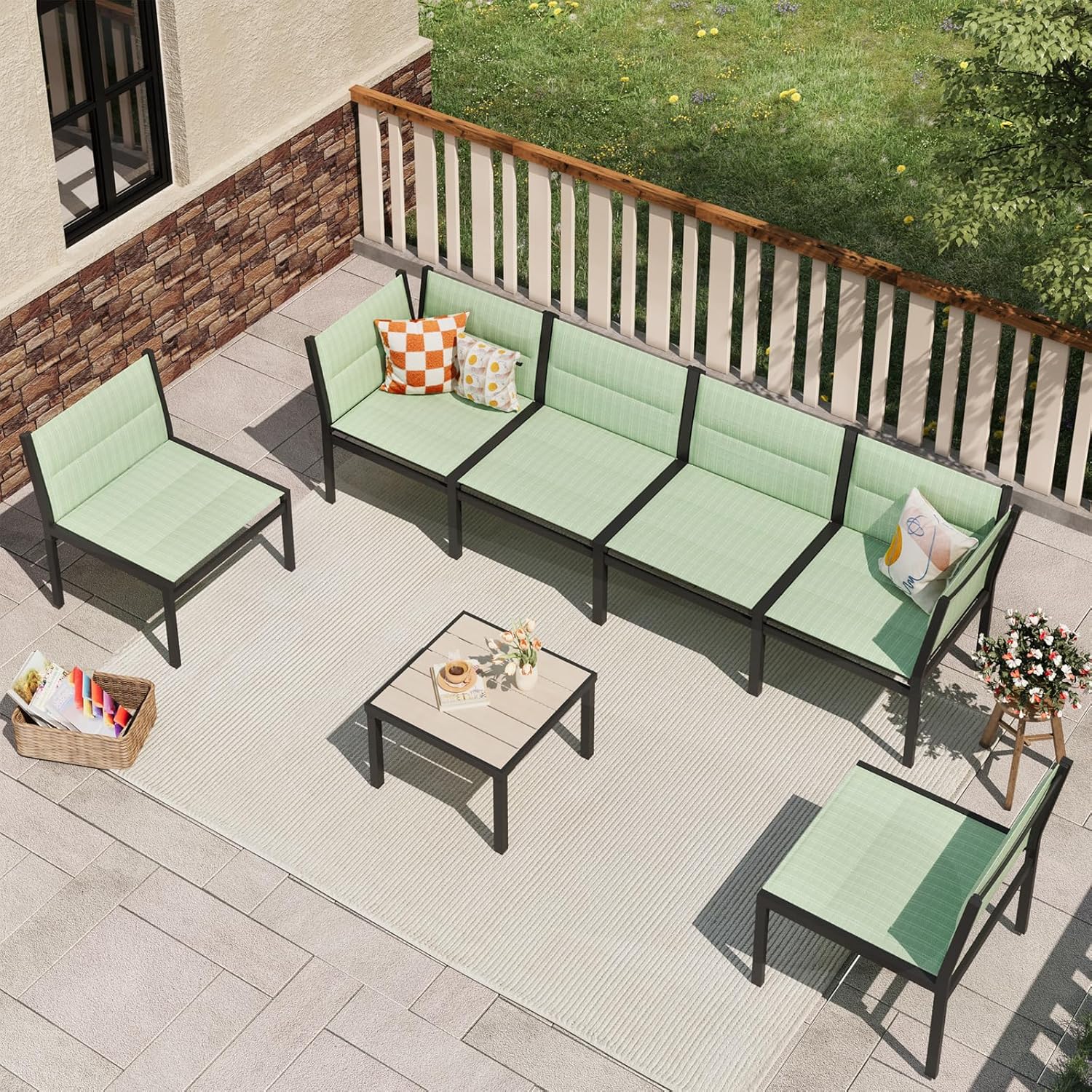 YODOLLA 7-Pc Sectional Patio Set Textilene Fabric, Greenbest