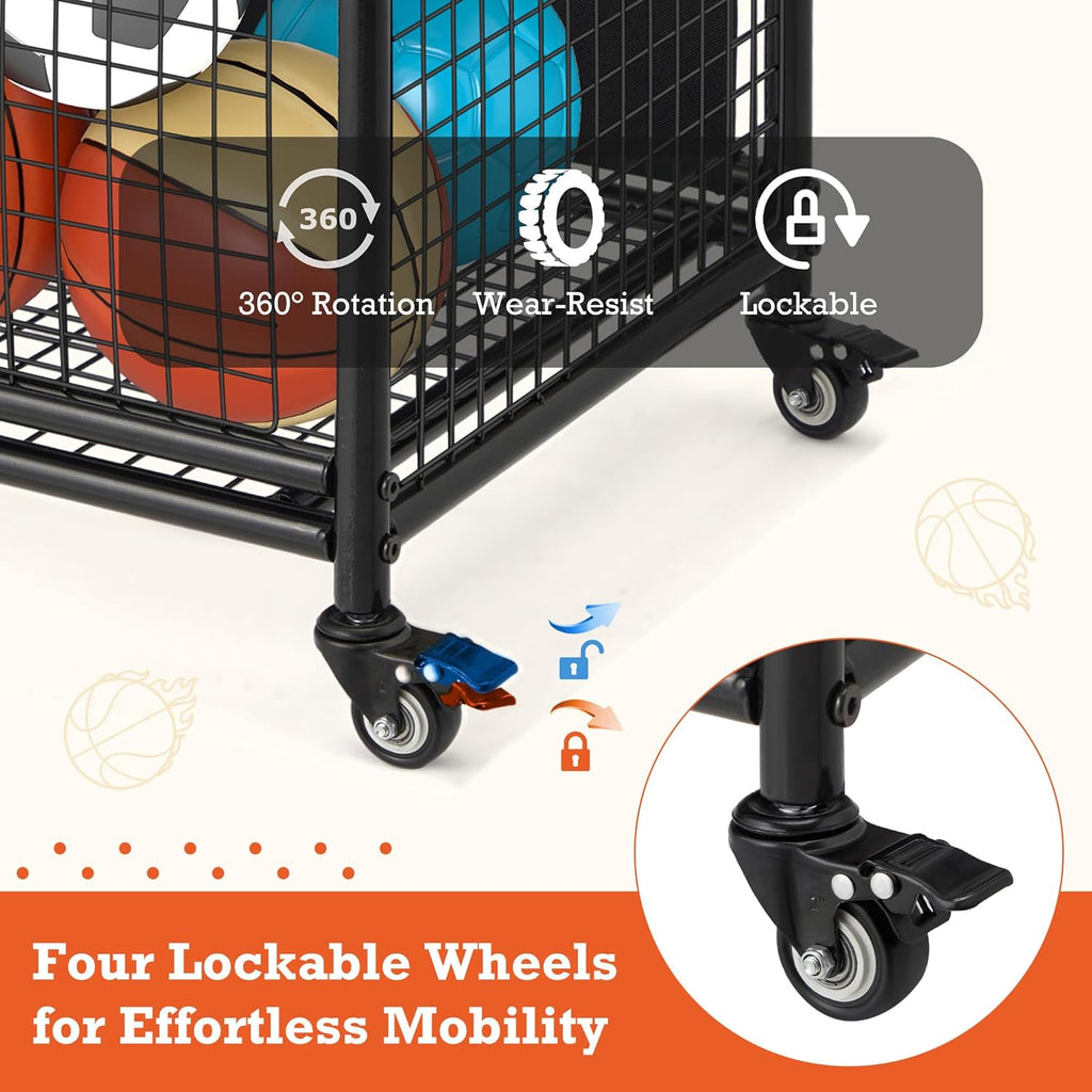 YODOLLA Ball Cart Storage, Rolling Basketball Bin with Wheels