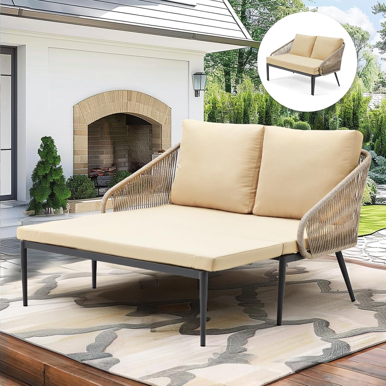 YODOLLA Outdoor Double Chaise Lounge Chair Convertible Patio Loveseat Sofa Couch