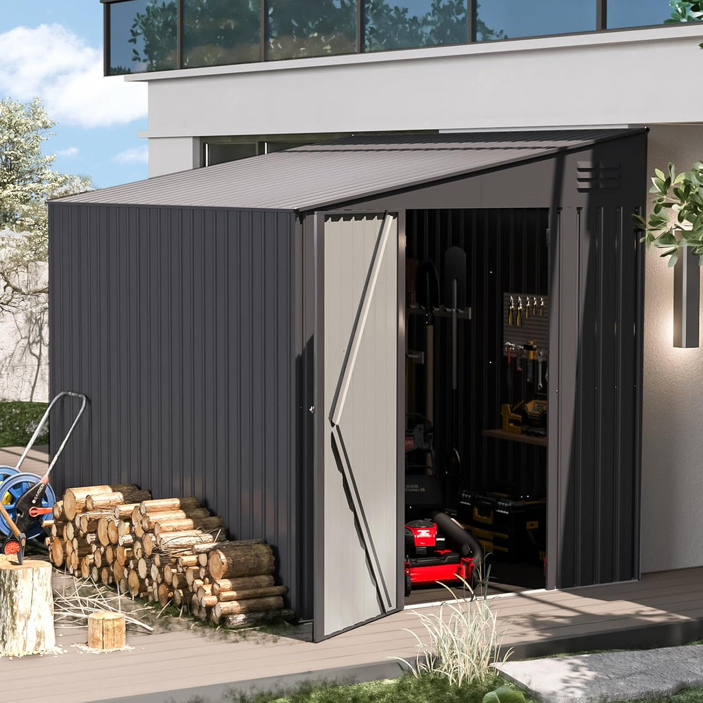 YODOLLA Outdoor 6' x 8' Metal Wall Side Lean to Storage Shed, Dark Gray