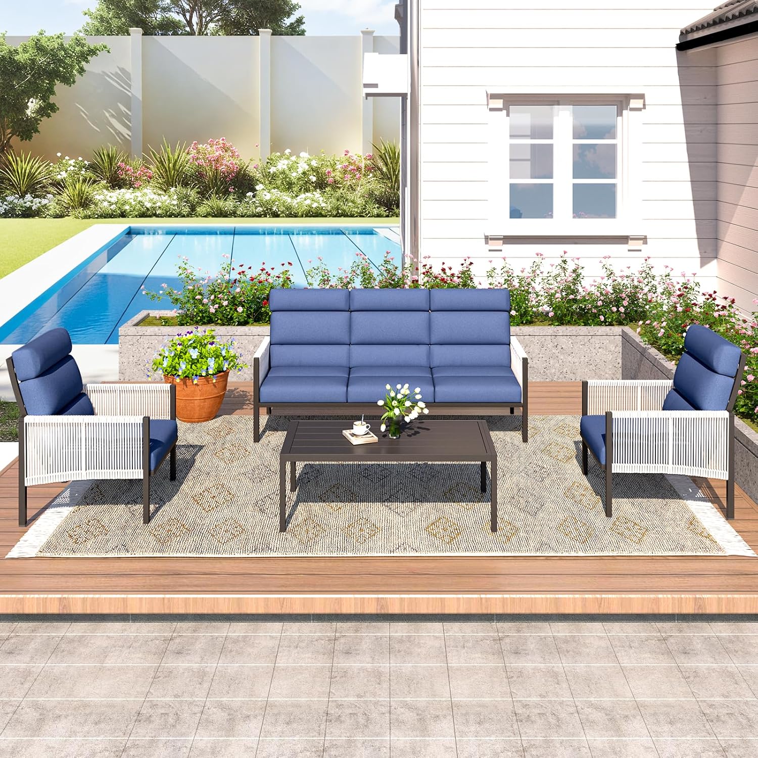 YODOLLA 4 Pieces Aluminum Patio Furniture Set with PE Rope Armrest, Dark Bluebest