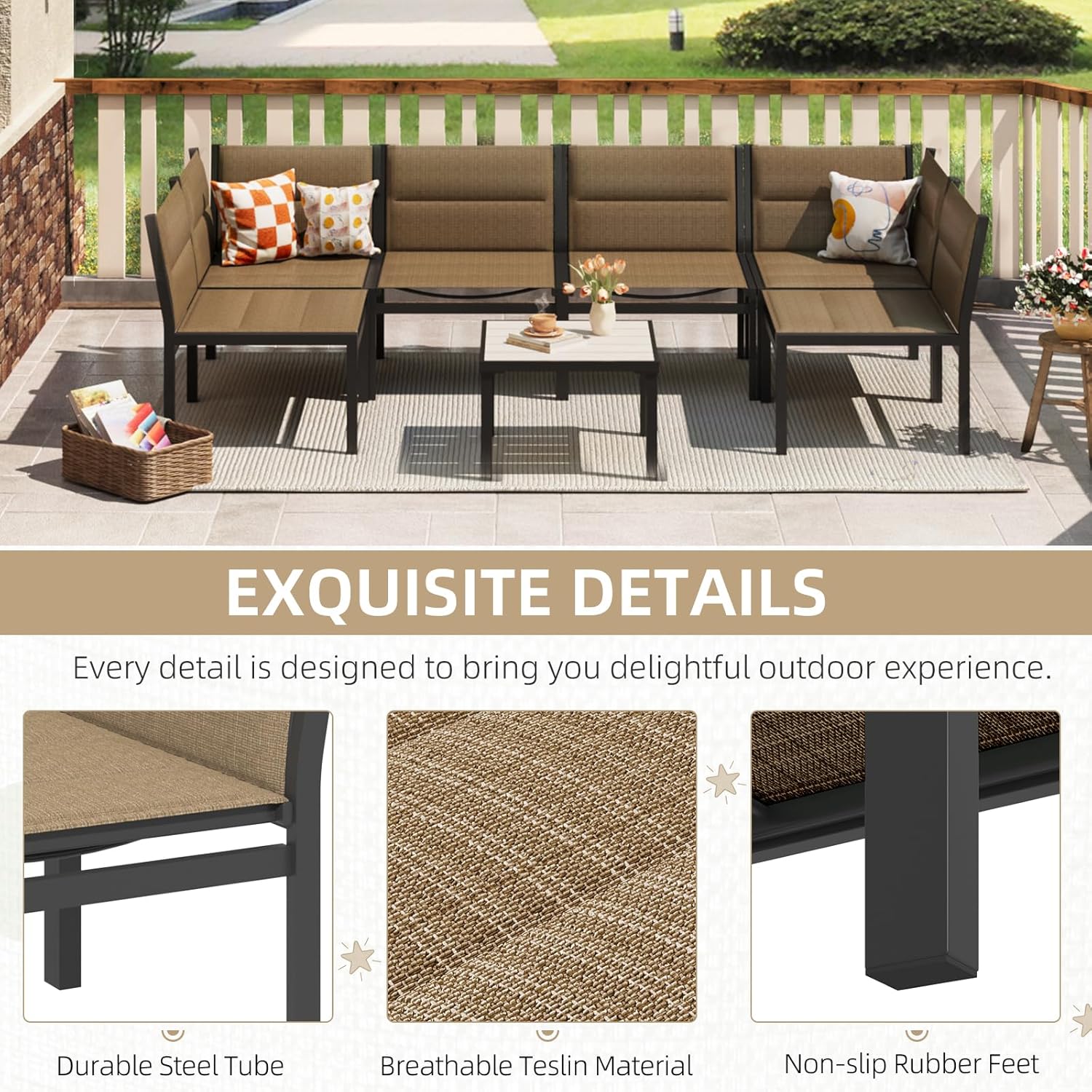 YODOLLA 7-Pc Sectional Patio Set Textilene Fabric, Brownbest