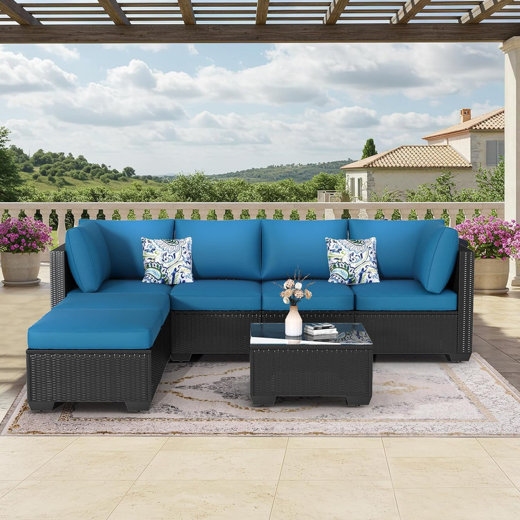 YODOLLA 7 Piece Outdoor Patio Furniture Set, Black & Blue